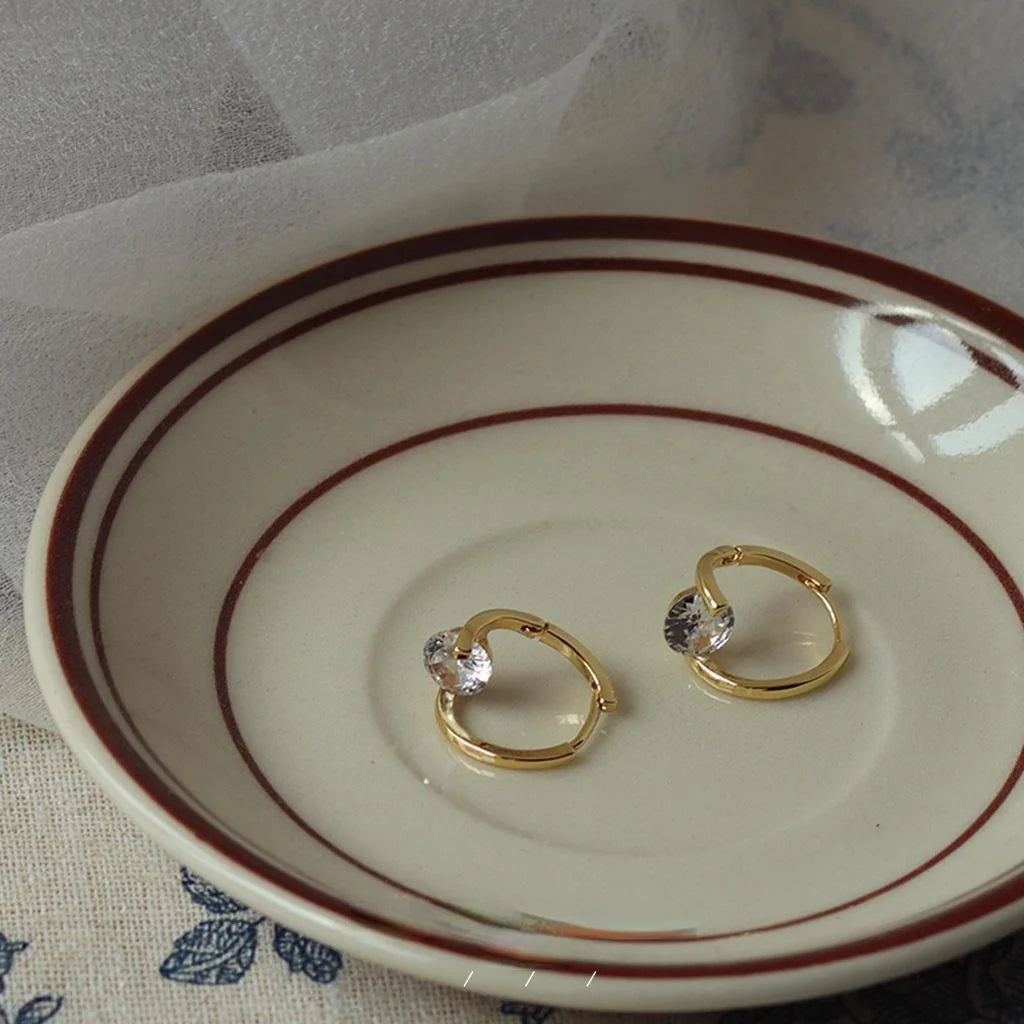 14K Gold Plated Zircon Round Geometric Stud Earrings Minimalist Korean Japanese Style