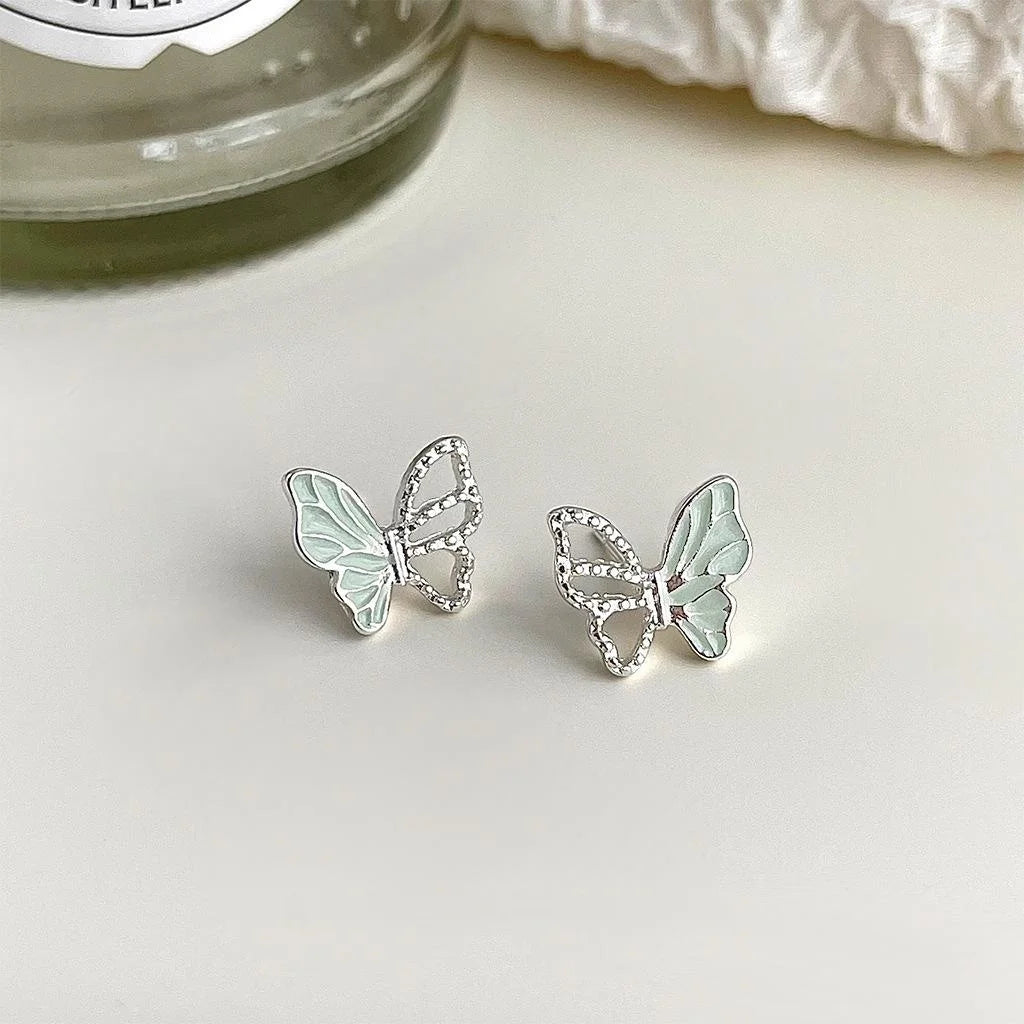 Fresh Sweet Enamel Butterfly Stud Earrings Copper Hollow Asymmetric Elegant Minimalist Jewelry