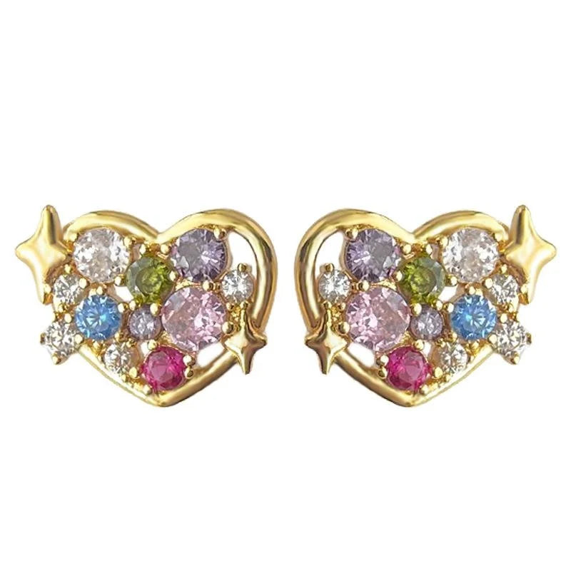 14K Gold Plated Copper Zircon Heart Stud Earrings Minimalist Light Luxury Commuter Jewelry