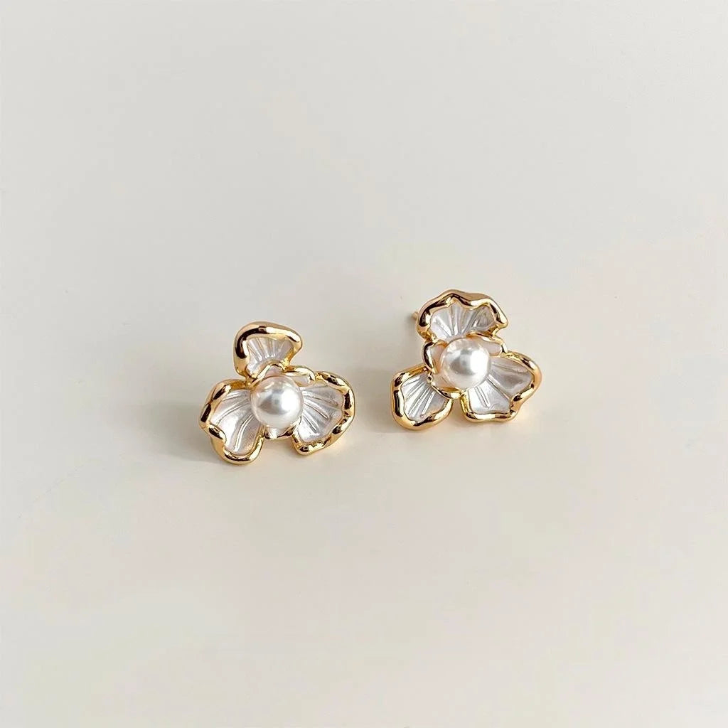 14K Plated Copper Iris Flower Stud Earrings With Glass Pearl Elegant Floral Jewelry