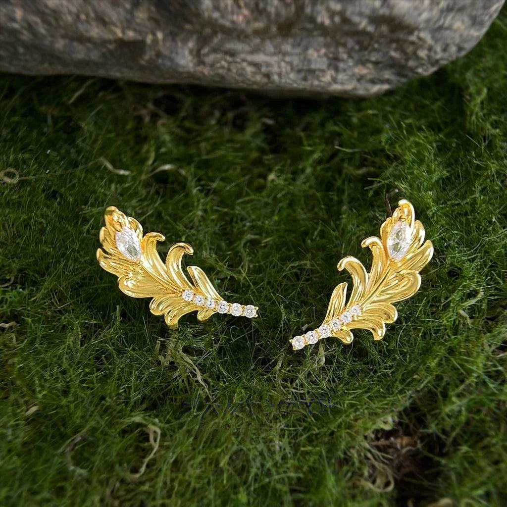 Niche Designer Micro Pave Zircon Feather Quill Copper Stud Earrings For Women