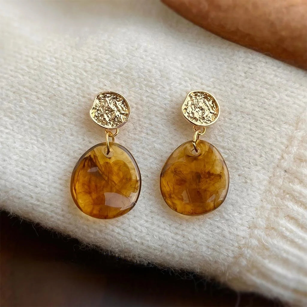 French Vintage Wine Red Irregular Geometric Resin Stud Earrings Handmade Elegant Office Style