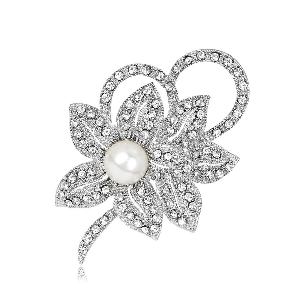 Elegant Rhinestone Pearl Flower Alloy Brooch For Women, Luxury Lapel Pin Corsage Suit Accessory Gift