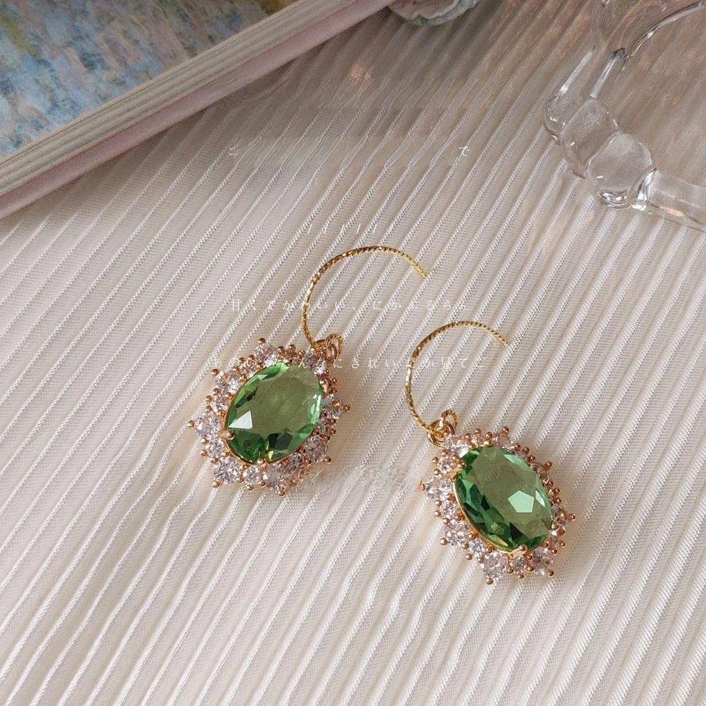 French Vintage Oval Green Zircon Copper 18K Gold Plated Drop Earrings For Women