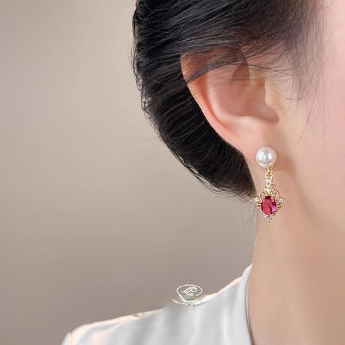 Hong Kong French Retro Geometric Zircon Glass Pearl Tassel Drop Earrings
