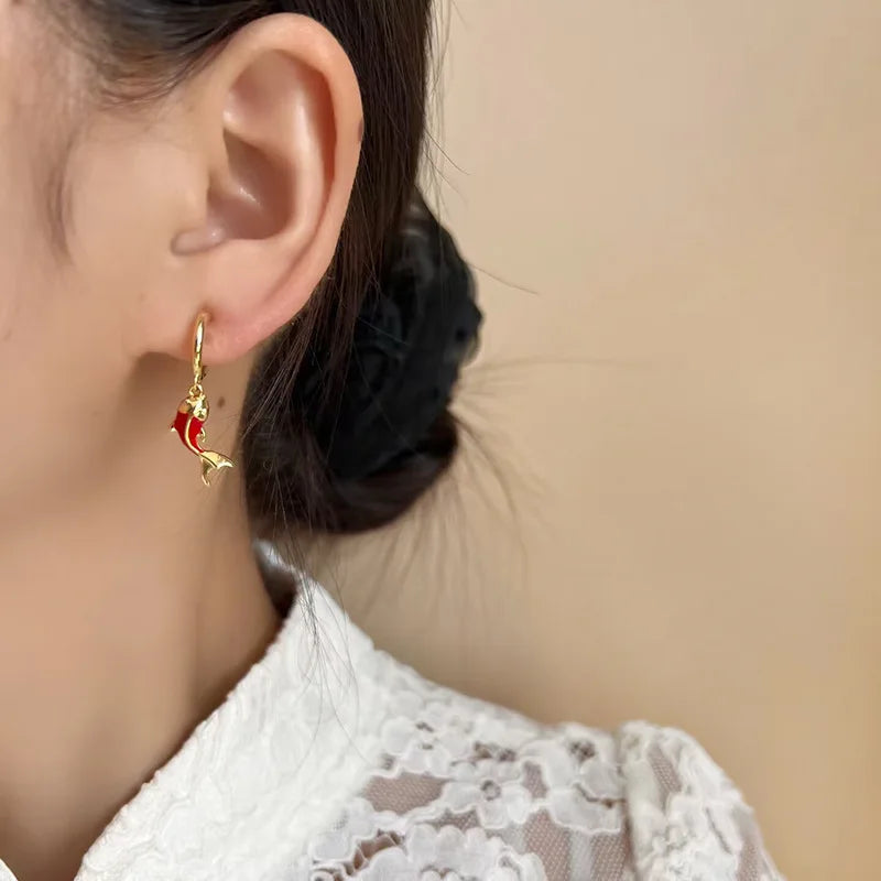 Elegant Chinese Style Red Enamel Koi Fish Hoop Dangle Stud & Clip On No Piercing Alloy Earrings
