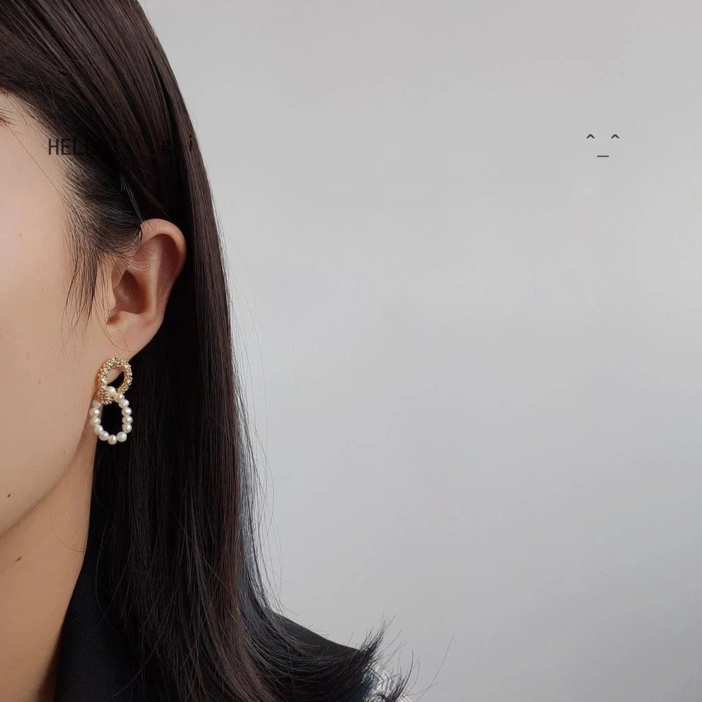 14K Gold Plated Handmade Natural Freshwater Pearl Geometric Hoop Drop Earrings