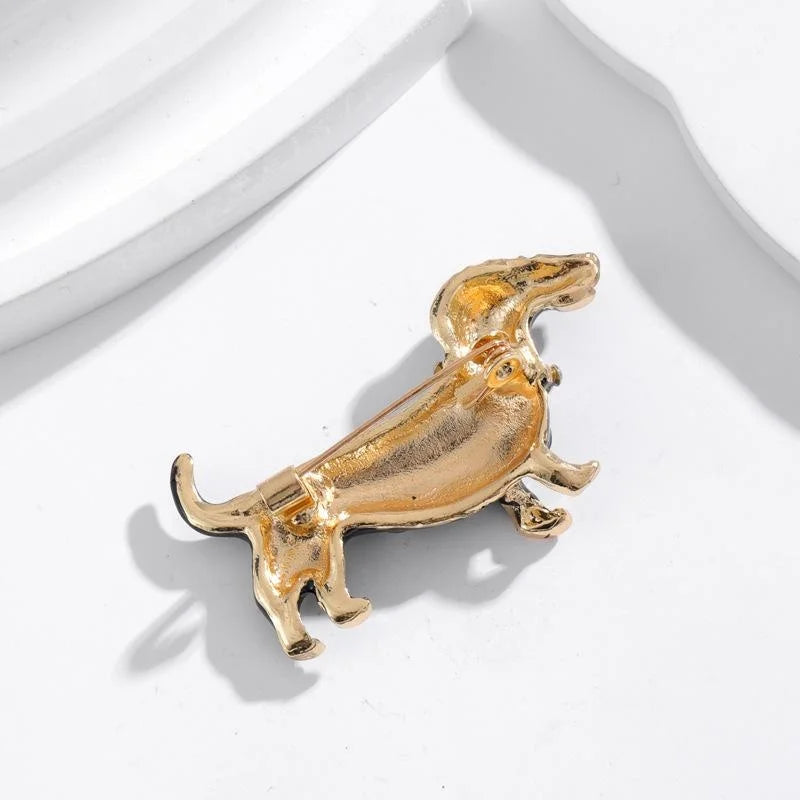 Cute Spotted Dachshund Dog Enamel Brooch With Rhinestone Collar, Elegant Lapel Pin Corsage Gift