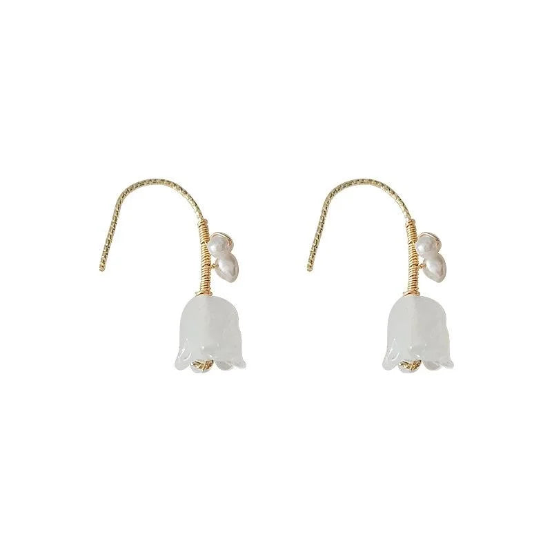 White Glass Orchid Flower Freshwater Pearl Drop Earrings French Sweet Minimalist Jewelry