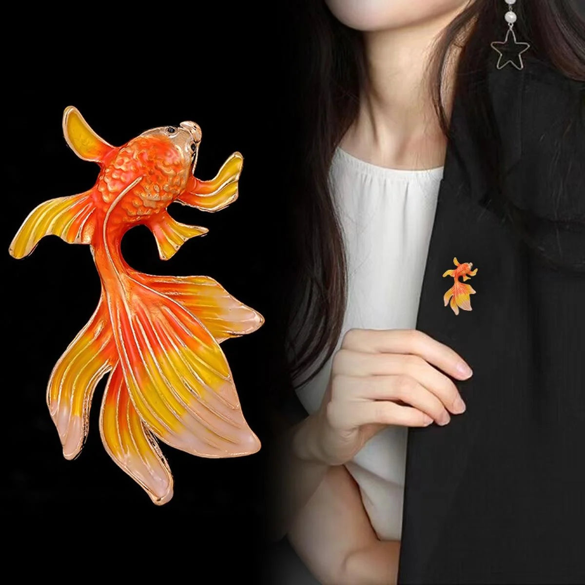 Elegant Chinese Style Enamel Goldfish Koi Brooch, Orange Alloy Animal Lapel Pin Corsage Gift