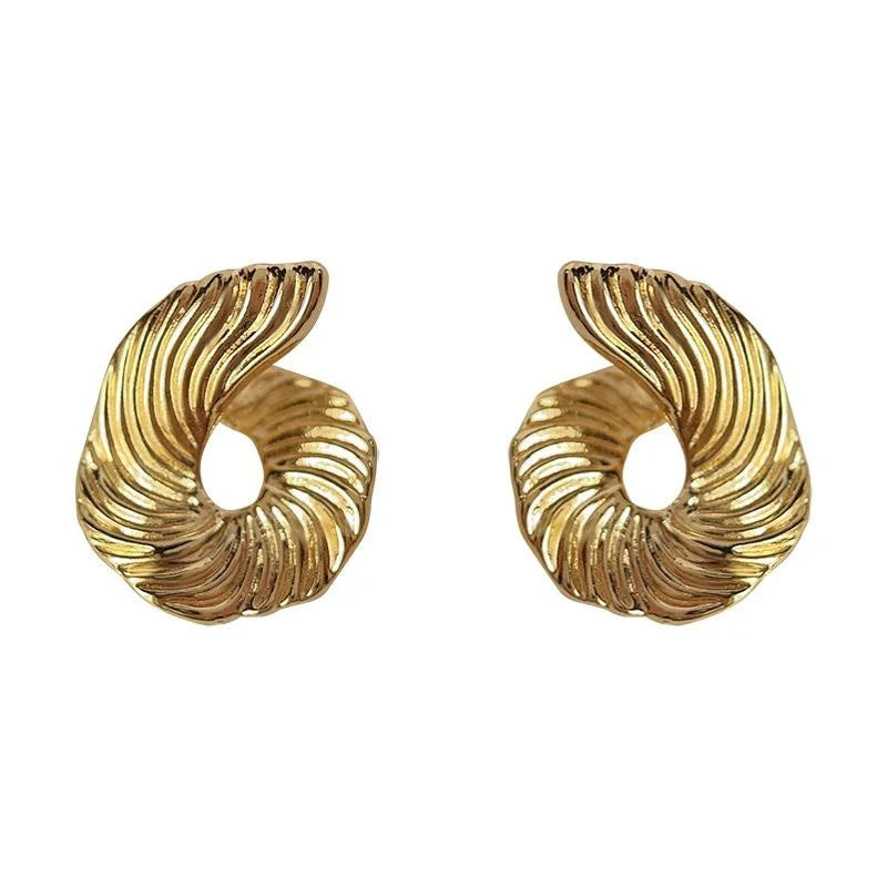 French Vintage Textured Copper Stud Earrings Irregular Geometric Hoop Design