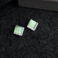Copper Geometric Square Stud Earrings With Micro Pave Zircon And Green Glass Cat Eye Stone