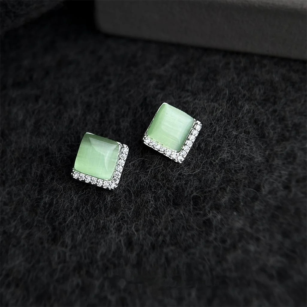 Copper Geometric Square Stud Earrings With Micro Pave Zircon And Green Glass Cat Eye Stone