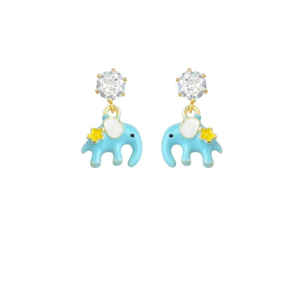 Cute Enamel Glazed Elephant Drop Earrings Copper Zircon Handmade Whimsical Jewelry