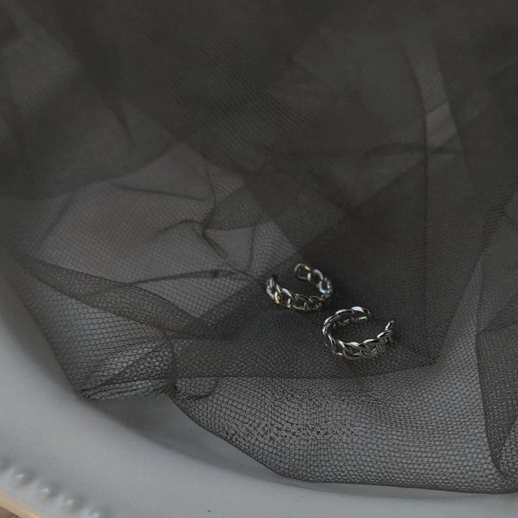 Silver Tone Copper Geometric Woven Hollow Chain Ear Cuff Drop Earrings No Piercing Korean Style