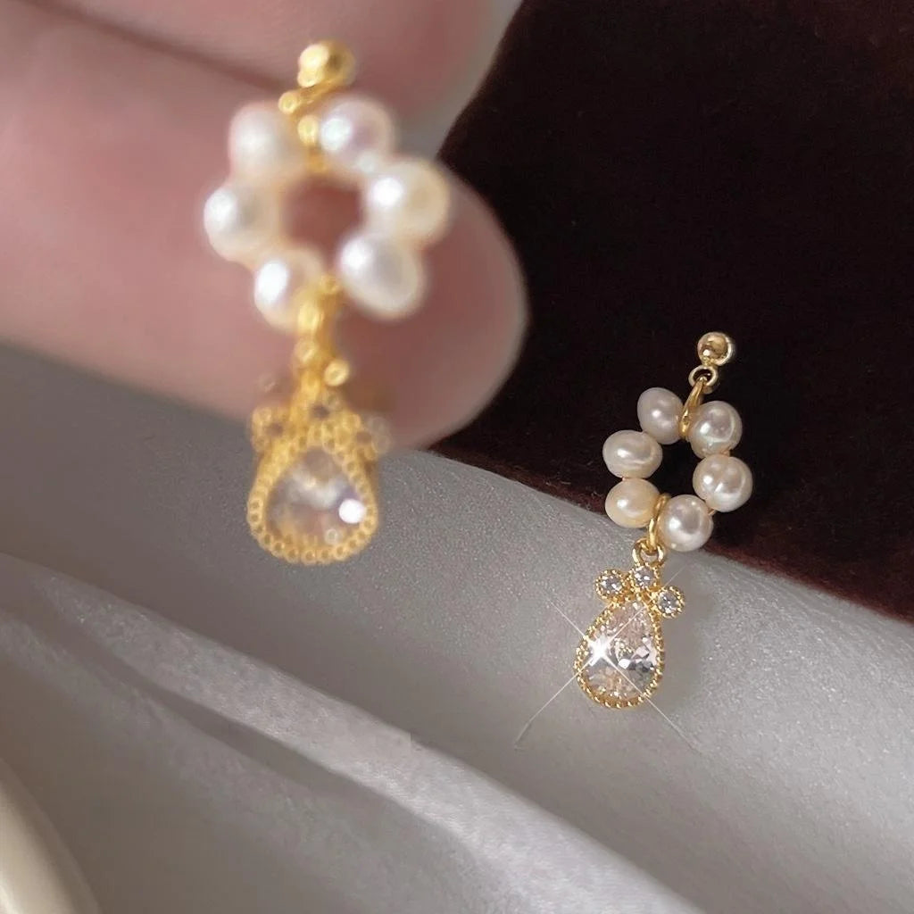 14K Gold Plated Freshwater Pearl Drop Earrings With Micro Pave Zircon Circle Geometric Design
