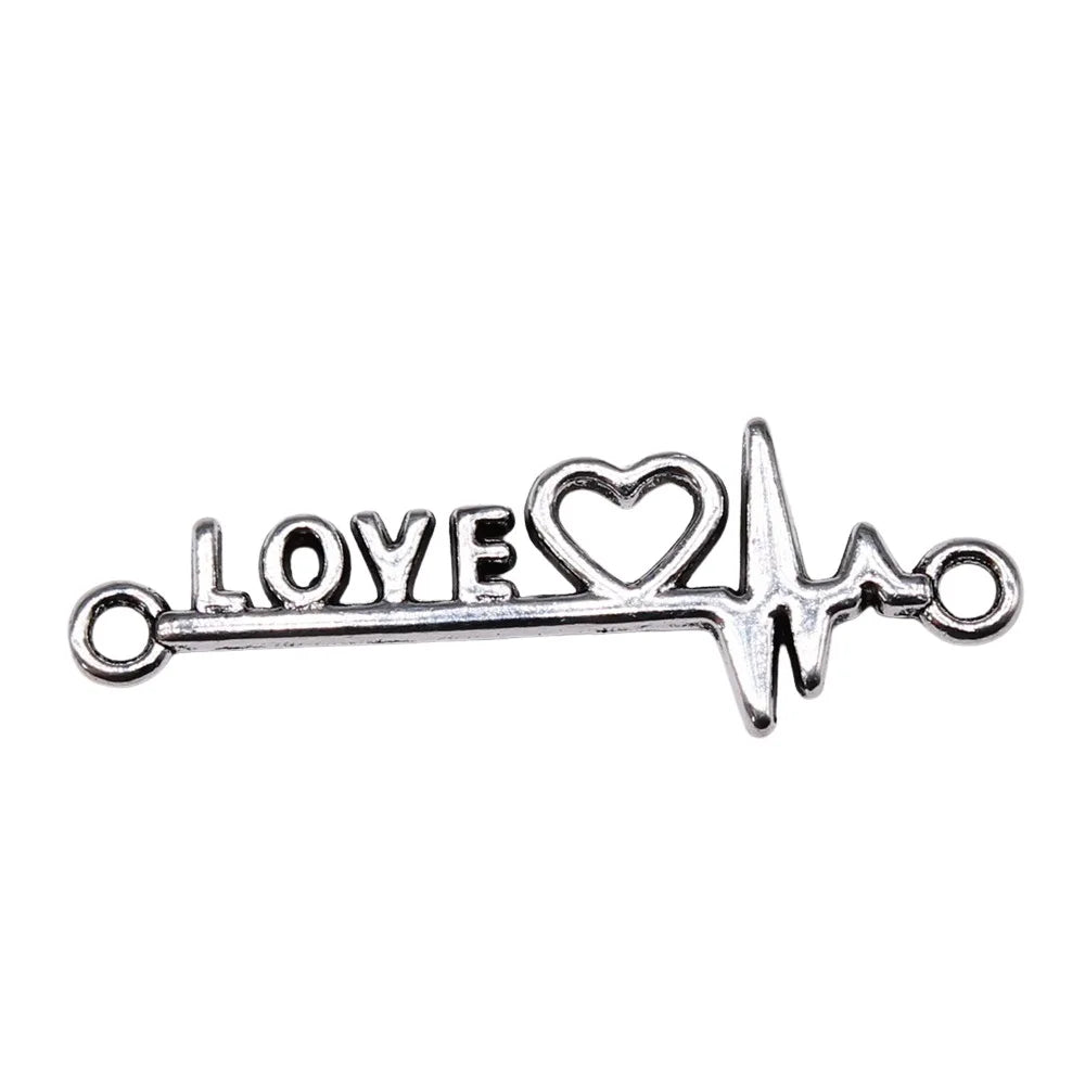 34x11mm 1.34g Antique Silver Zinc Alloy Love Heart ECG Connector Charm for DIY Bracelet Jewelry Making