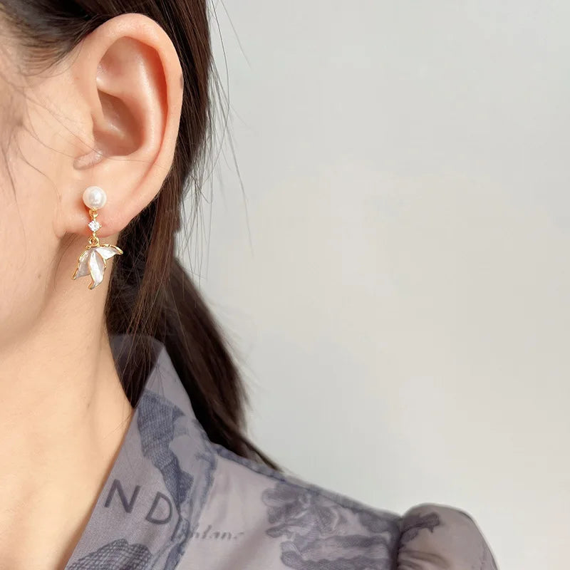 Elegant Pearl Fish Tail Tassel Alloy Enamel Zircon Stud & Clip On No Piercing Drop Earrings