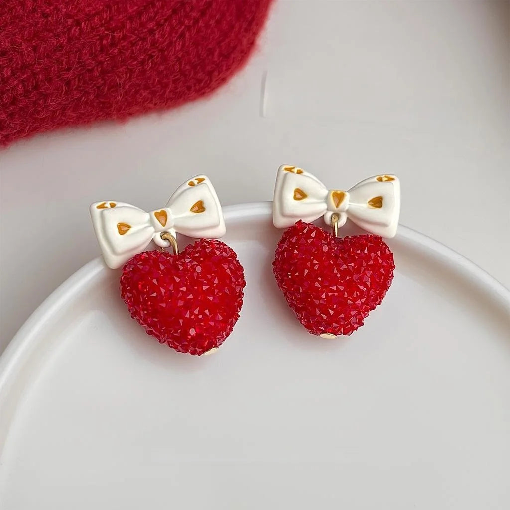 Rhinestone Enamel Bow Heart Drop Earrings Cute Sweet Jewelry