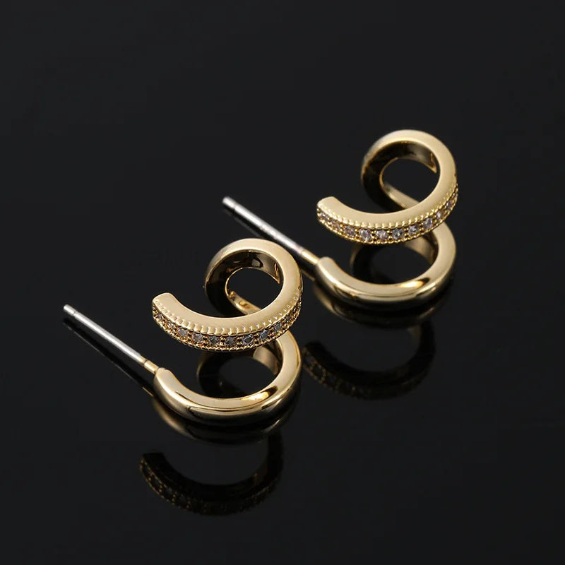 Elegant Gold Spiral Double Hoop Zircon Alloy Stud & Clip On No Piercing Minimalist Women Earrings