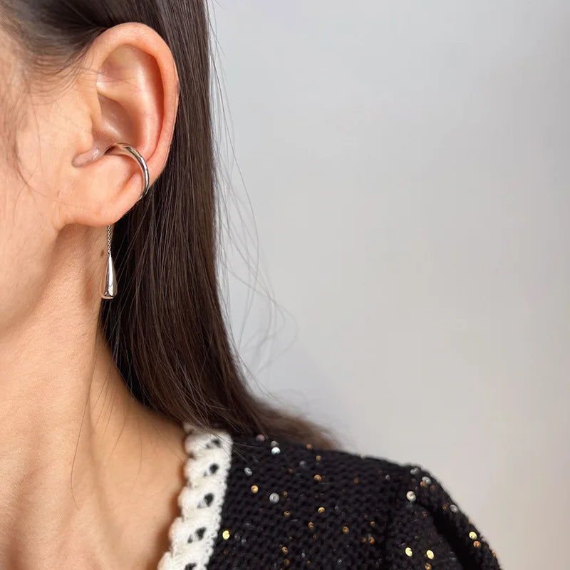 Elegant Silver Alloy Ear Cuff Chain Tassel Waterdrop Stud & Clip On No Piercing Long Drop Earrings