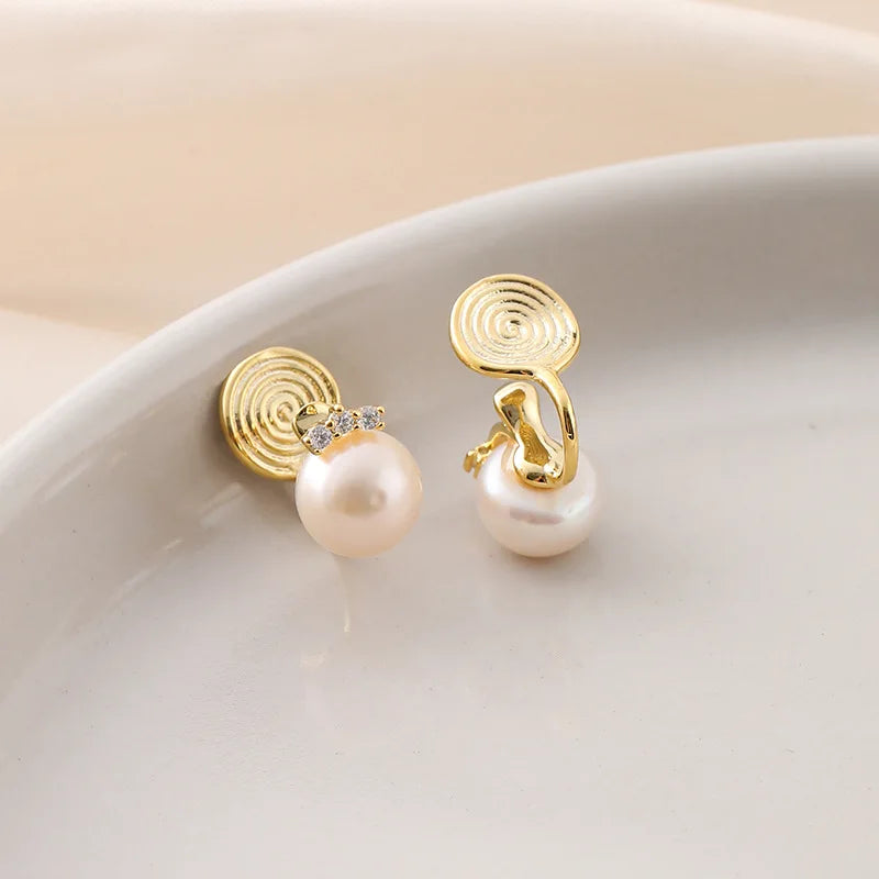 Elegant Round Freshwater Pearl Zircon Stud & Clip On No Piercing Gold Plated Women's Fashion Earrings