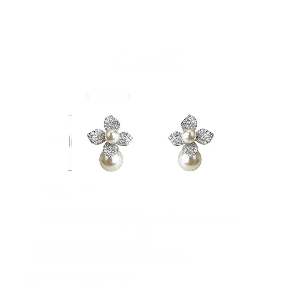Sweet Flower Glass Pearl Zircon Micro Pave Copper Drop Earrings For Women