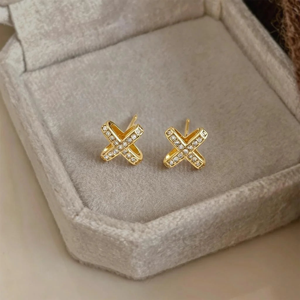 Copper Zircon Double Layer Cross Stud Earrings, Minimalist French Geometric Korean Style