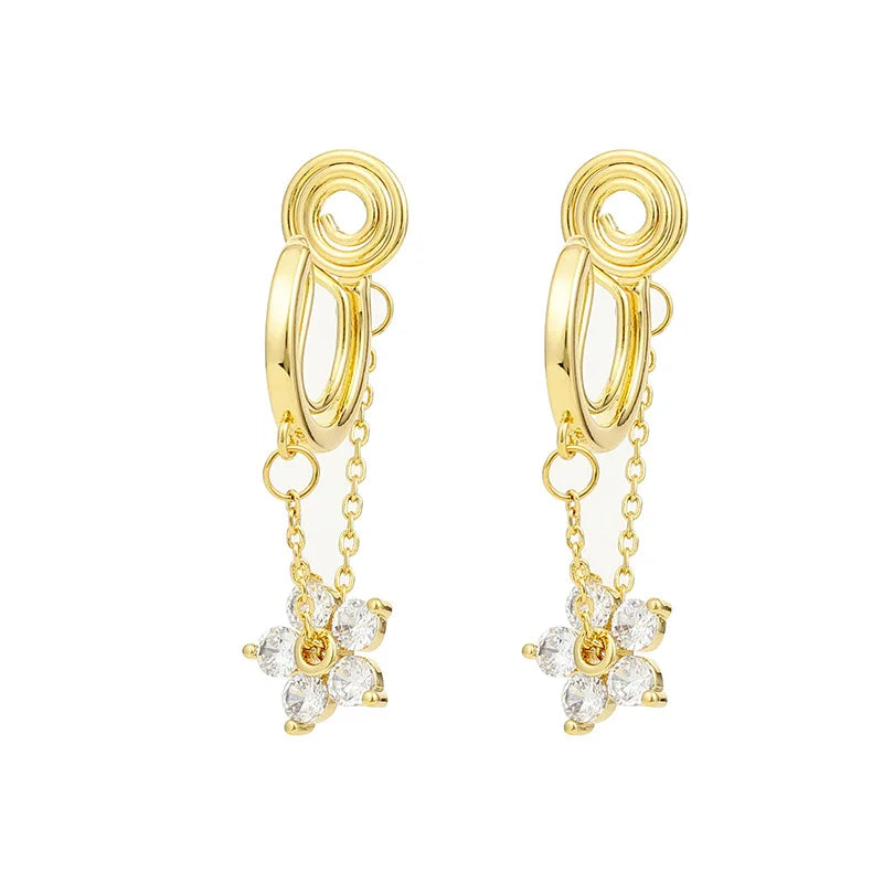 Elegant Zircon Flower Chain Tassel Hoop Ear Cuff Stud & Clip On No Piercing Gold Alloy Earrings