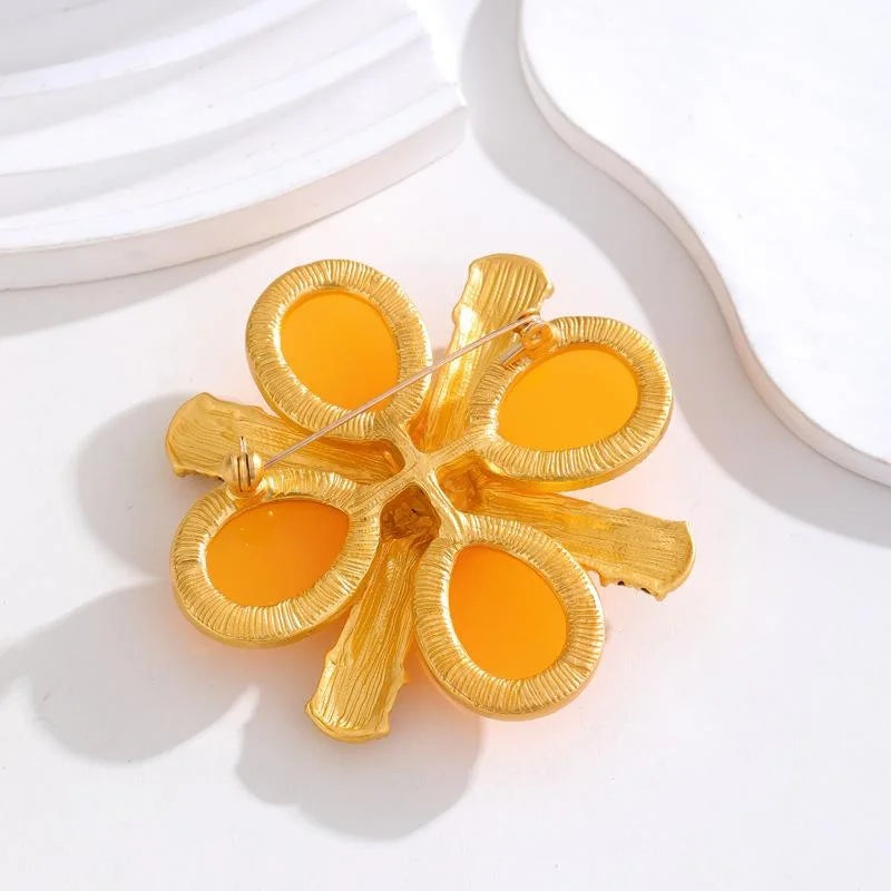 Elegant Yellow Baroque Flower Brooch With Rhinestone Enamel Petals, Luxury Lapel Pin Corsage Suit Accessory Gift
