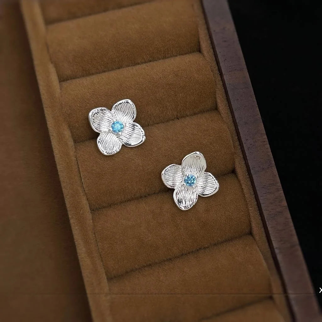 Sweet Floral Micro Pave Zircon Copper Stud Earrings 14K Plated Brushed Peach Blossom Jewelry