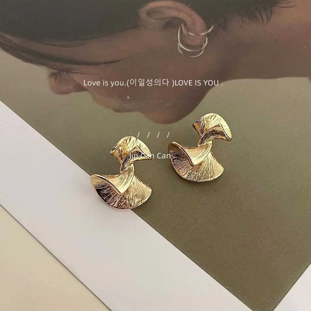 14K Gold Plated Copper Geometric Ginkgo Leaf Drop Earrings Light Luxury Niche Jewelry