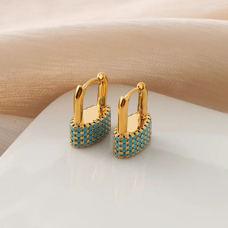 Elegant Luxury Turquoise Pave Padlock Hoop Alloy Stud & Clip On No Piercing Screw Back Earrings