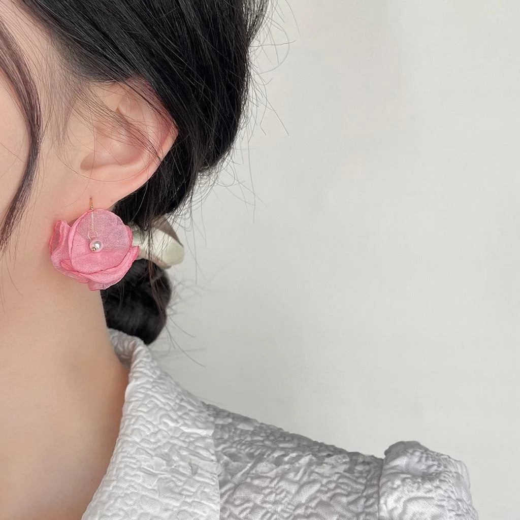 Vacation Style Pink Mesh Handmade Flower Drop Earrings With Lustrous Pearl French Romantic Jewelry