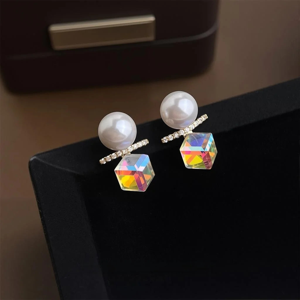 Sweet Geometric Balance Bar Stud Earrings With Glass Pearl Micro Pave Zircon 14K Plated Copper