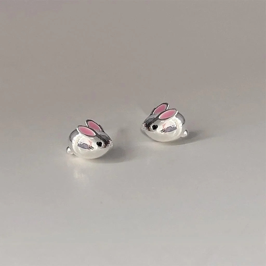 Sweet Cool Moon Rabbit Stud Earrings Copper Mini 3D Animal Jewelry