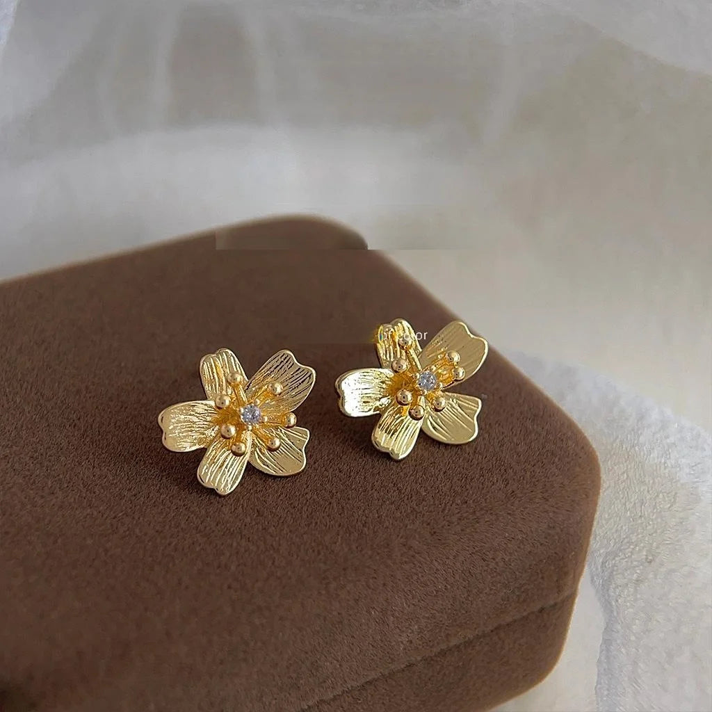 Light Luxury 14K Plated Copper 3D Flower Micro Pave Zircon Stud Earrings