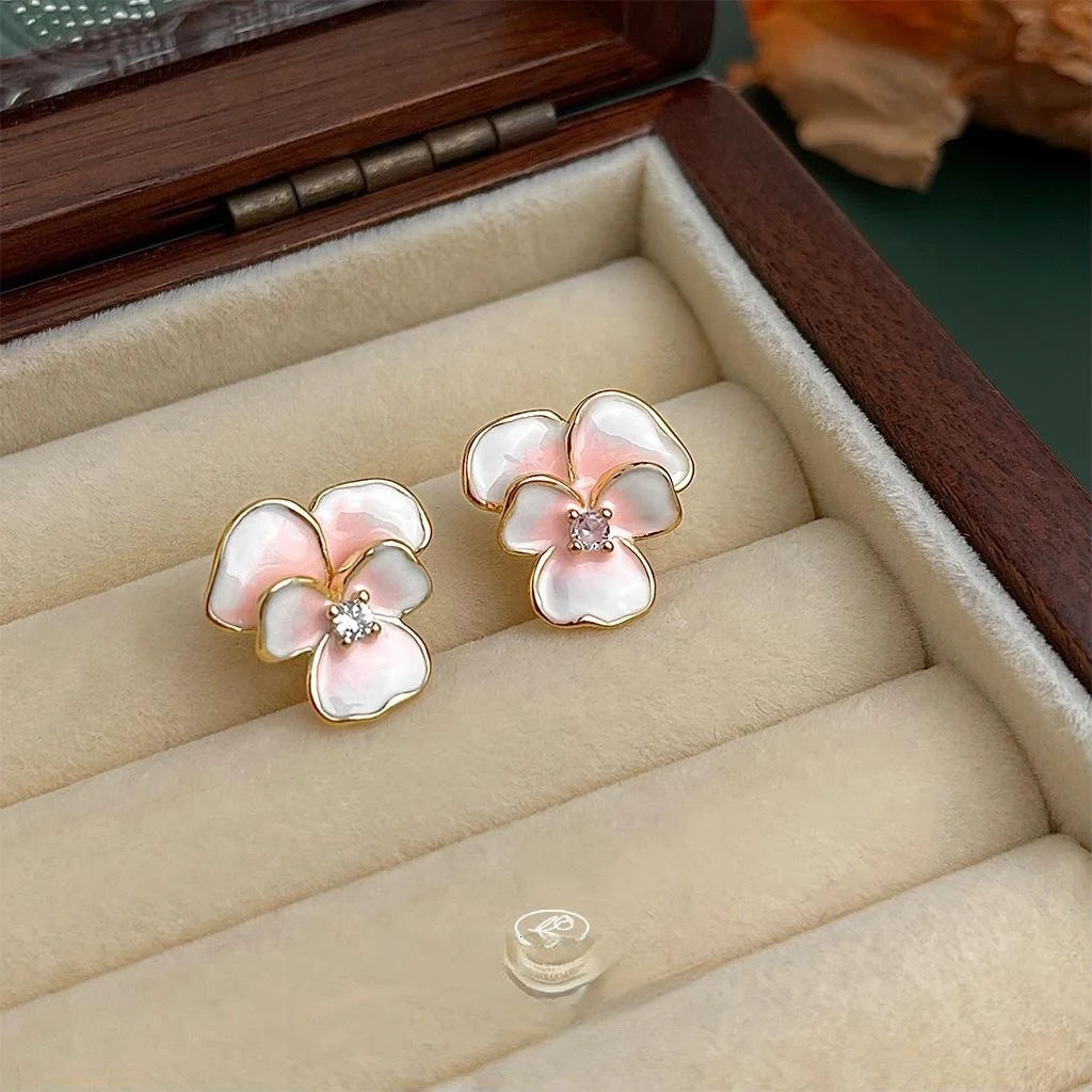 Sweet Gradient Enamel Copper Peach Blossom Iris Flower Stud Earrings, Cute Elegant Floral Jewelry