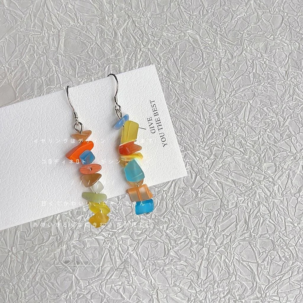 Sweet Geometric Glass Cat Eye Stone Tassel Drop Earrings With Silver Plated Pins
