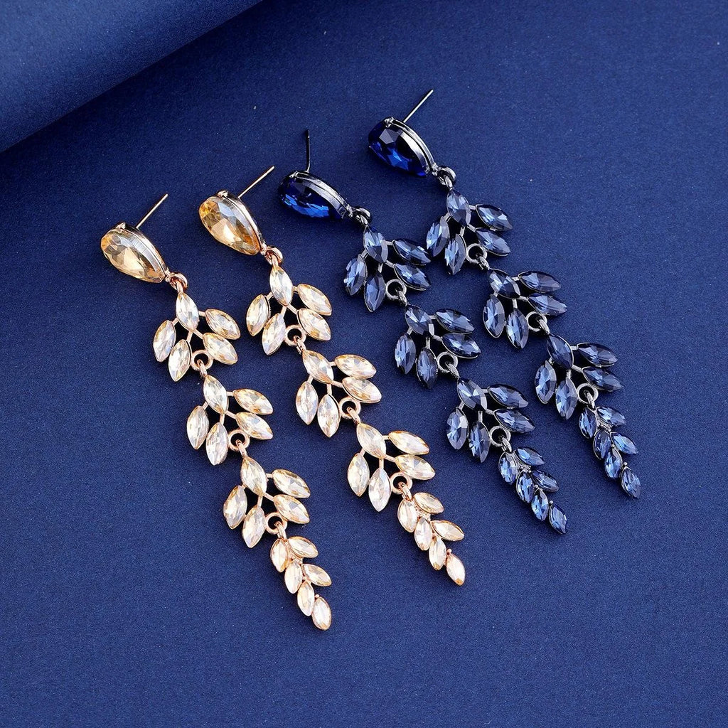 Luxury Blue Crystal Wheat Leaf Long Dangle Earrings, Alloy Rhinestone Drop Jewelry For Wedding Party