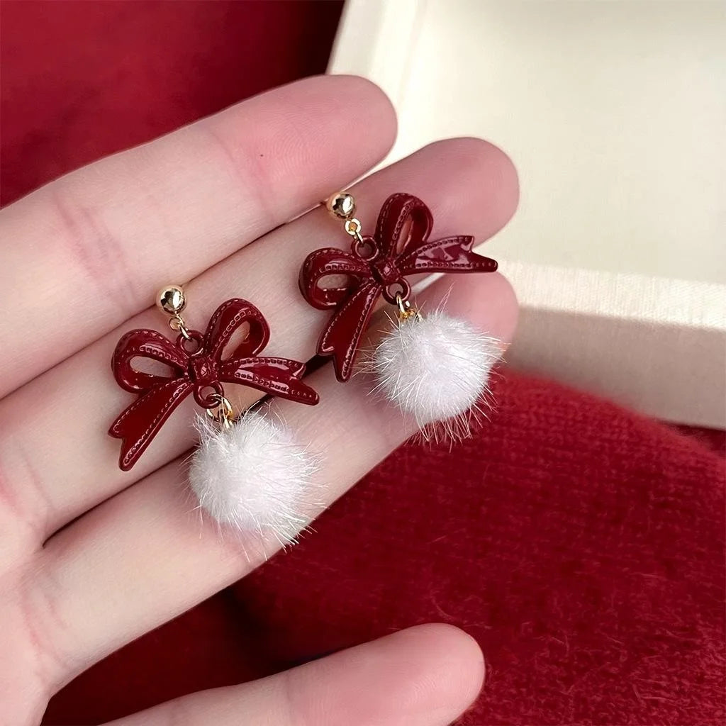 2025 Winter Burgundy Bow Pom Pom Drop Earrings Sweet Vintage Metal Fashion Jewelry