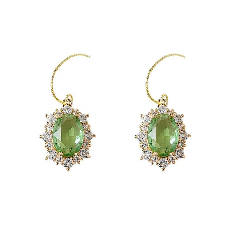 French Vintage Oval Green Zircon Copper 18K Gold Plated Drop Earrings For Women