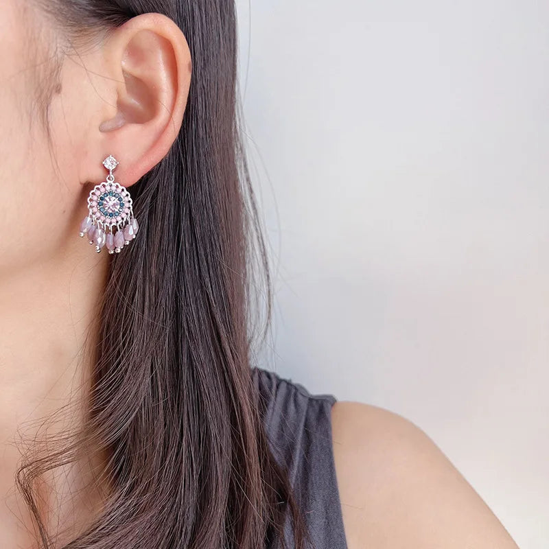Elegant Vintage Purple Crystal Beaded Dreamcatcher Tassel Alloy Stud & Clip On No Piercing Earrings