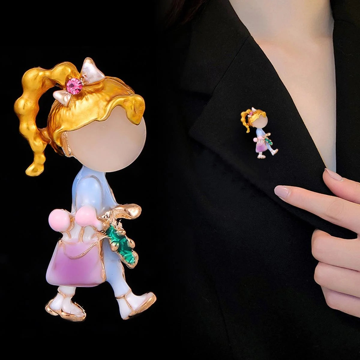 Cute Enamel Walking Girl With Handbag Rhinestone Bow Brooch, Cartoon Alloy Lapel Pin Suit Accessory Gift