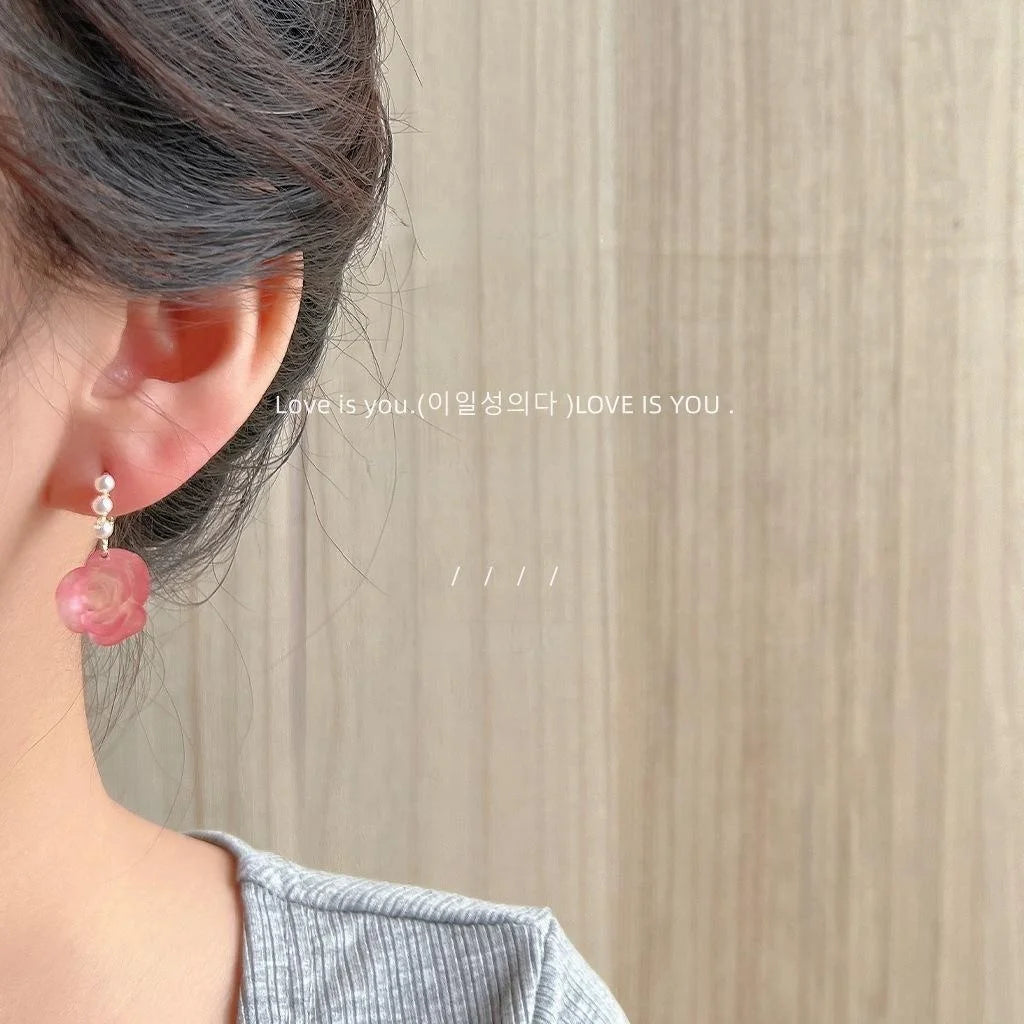 Vintage Handmade Matte Resin Rose Drop Earrings Small Luxury Floral Jewelry