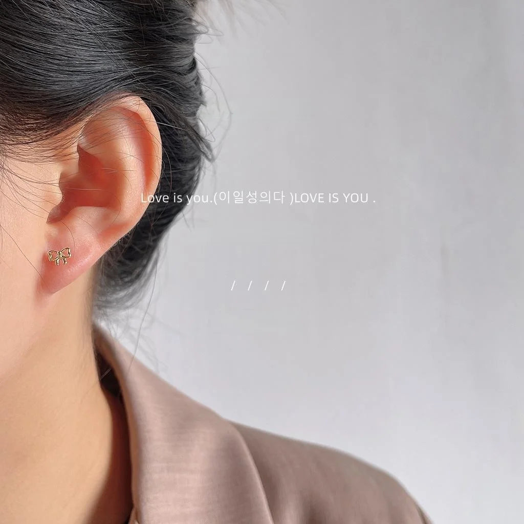 Mini 14K Plated Copper Bow Stud Earrings With Silver Plated Pins, Cute Simple Jewelry For Women