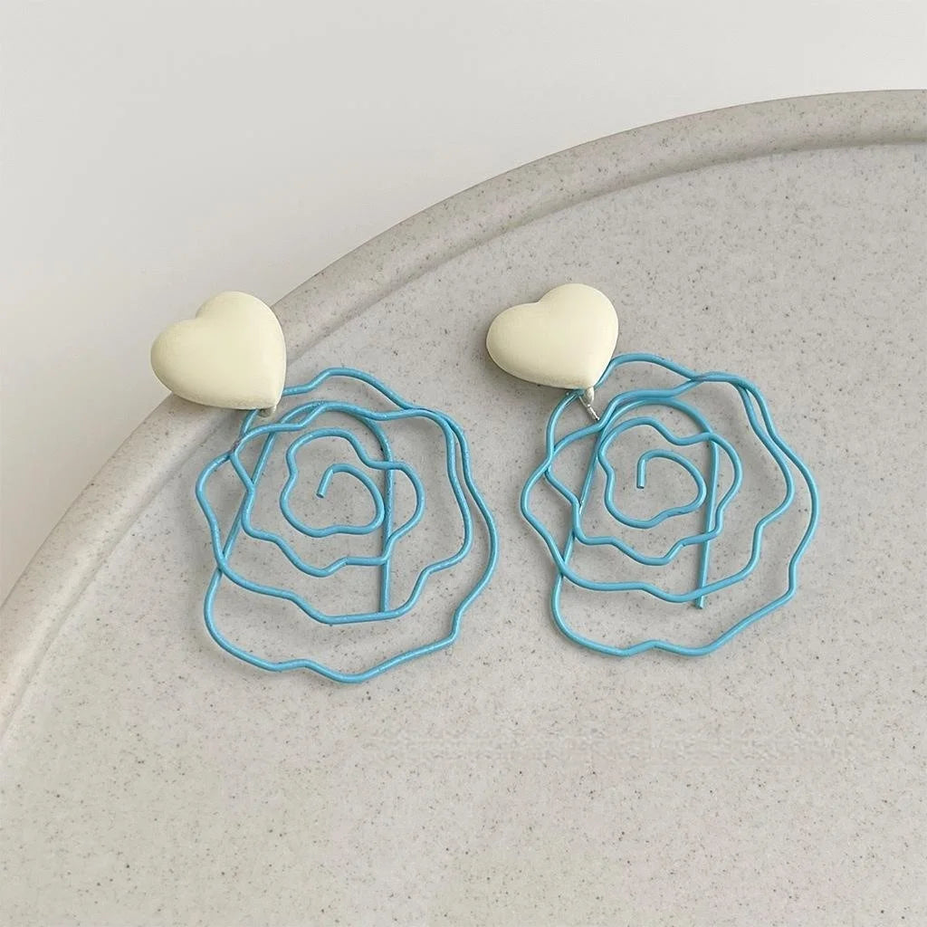 Sweet Summer Blue Hollow Enamel Rose Flower Copper Statement Drop Earrings For Women