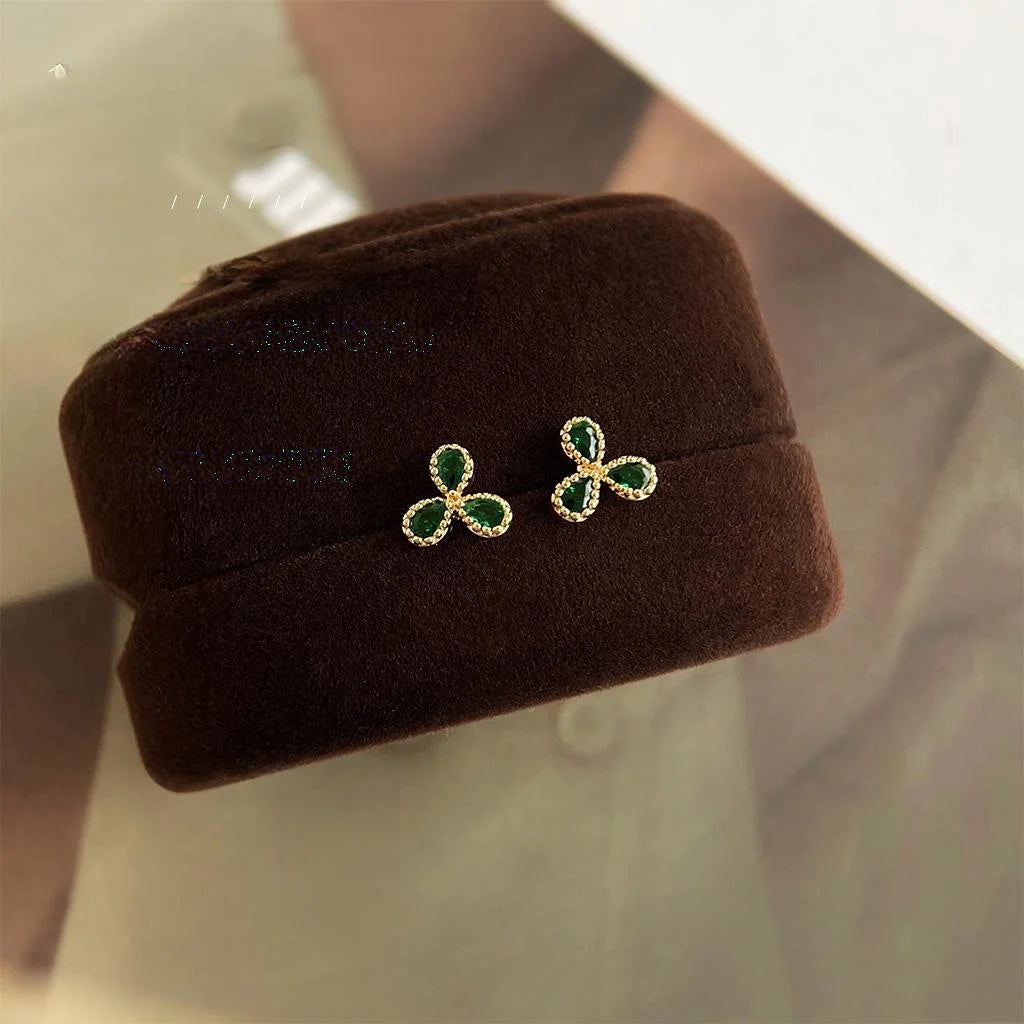 14K Gold Plated Copper Emerald Zircon Lucky Flower Mini Stud Earrings Simple Fashion Jewelry