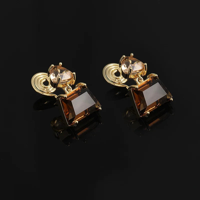 Vintage Luxury Geometric Tea Brown Crystal Alloy Drop Stud & Clip On No Piercing Dangle Earrings