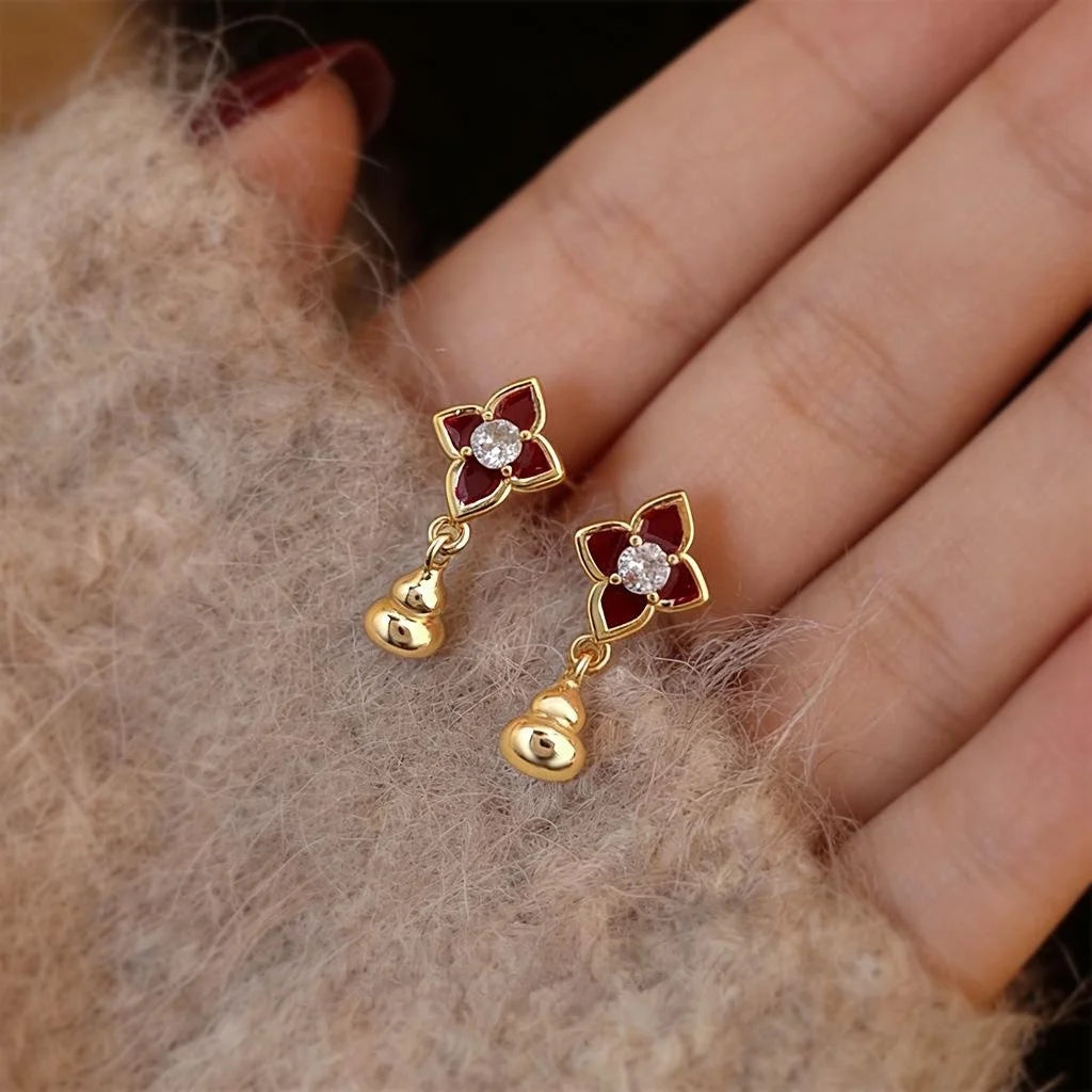 Light Luxury Copper Zircon Enamel Gourd Flower Geometric Drop Earrings